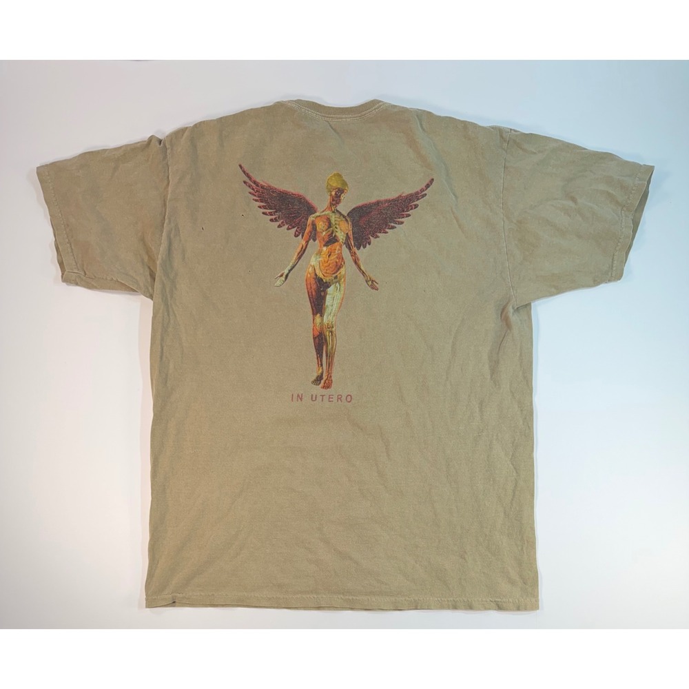Nirvana In Utero Angel Graphic T-Shirt Tan Vintage Style Grunge Rock Mens L